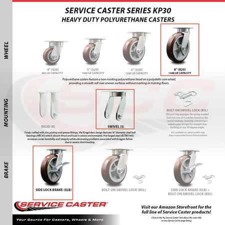 Service Caster 8 Inch Kingpinless Poly on Polyolefin Wheel Caster Brakes 2 Rigid SCC, 2PK SCC-KP30S820-PPUR-SLB-2-R-2